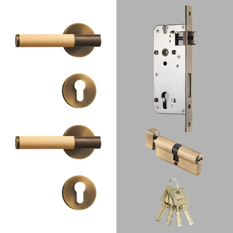 poignée de porte en laiton massif avec cuir beige et serrure complète