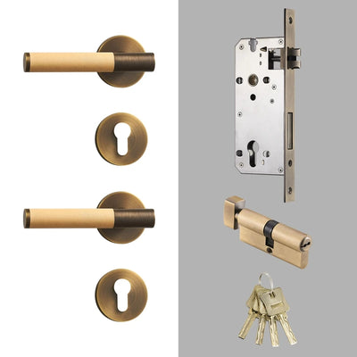 poignée de porte en laiton massif avec cuir beige et serrure complète