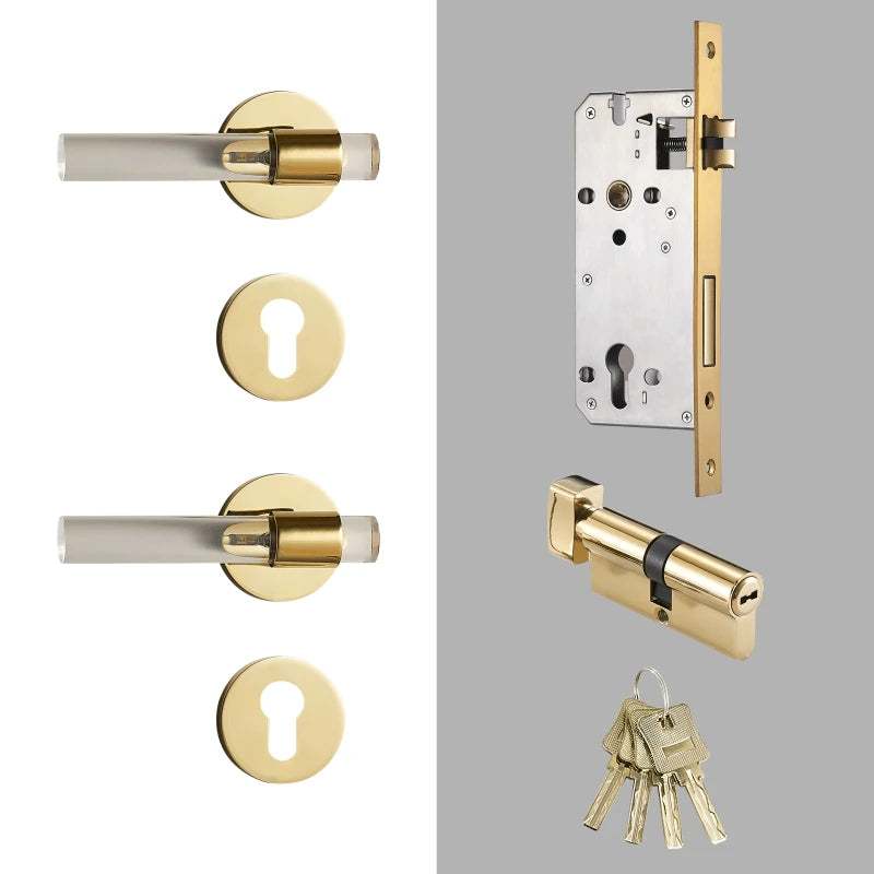 Poignée de porte dorée brillante avec serrure – Laiton poli et acrylique