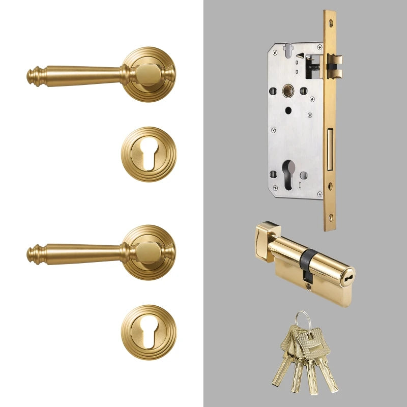 Poignée de Porte Dorée Mate Classique, Porte Épaisse 45-55 mm, Serrure à Clé