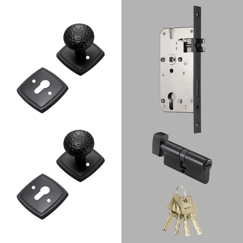 Poignée de porte noire vintage avec serrure complète et clés – Kit noir mat pour chambre