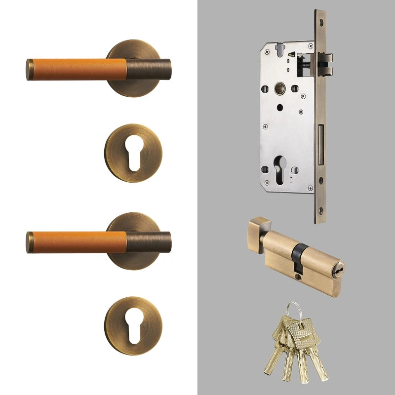 poignée de porte en laiton massif et cuir orange avec serrure complète