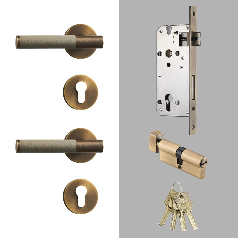 Poignée de porte avec serrure – Laiton bronze et cuir gris clair – Design italien haut de gamme
