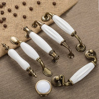 Poignée de Meuble Céramique Blanche et Bronze Vieilli, Entraxe 76 à 128 mm, Bouton Assorti