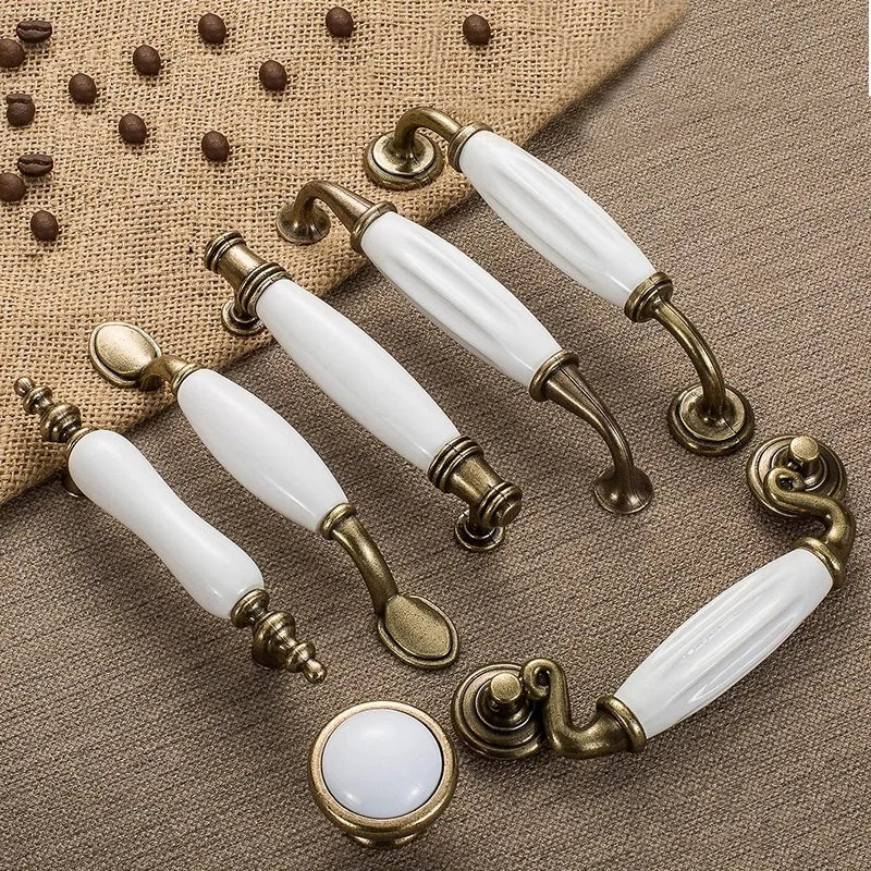 Poignée de Meuble Céramique Blanche et Bronze Vieilli, Entraxe 76 à 128 mm, Bouton Assorti