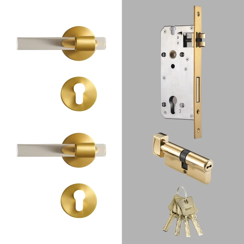 Poignée de porte dorée avec serrure – Laiton brossé et acrylique transparent