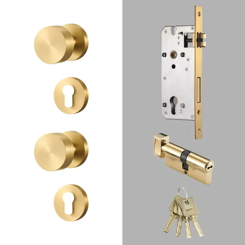 Poignée de porte dorée avec serrure complète – laiton massif, design rond moderne