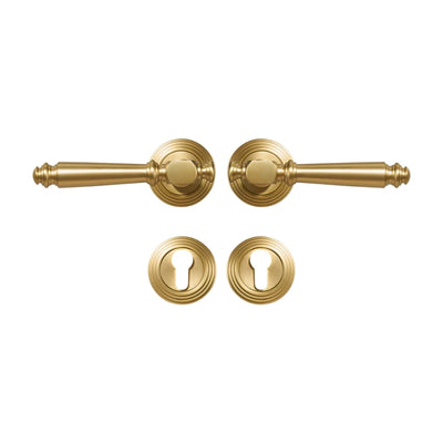 Poignée de porte dorée en laiton massif – Style classique avec rosaces – Entraxe standard