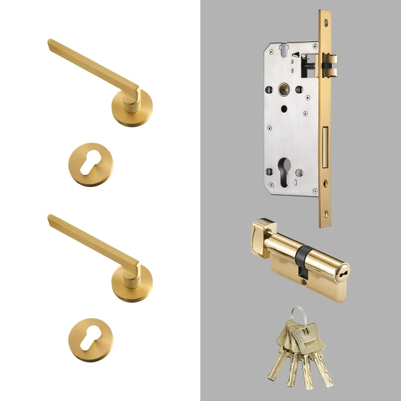 Poignée de porte dorée texturée avec serrure – Laiton massif or brossé – Kit complet haut de gamme