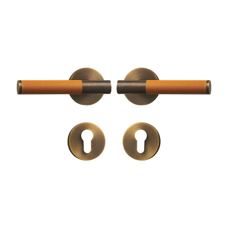 poignée de porte en laiton massif et cuir orange sans serrure