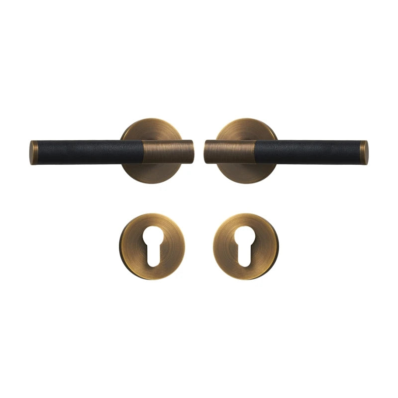 Poignée de porte décorative sans serrure – Laiton bronze et cuir noir – Design italien haut de gamme