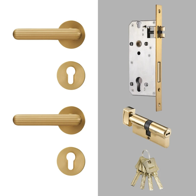 Poignée de Porte Cannelée Dorée en Laiton Massif avec Serrure et Clés