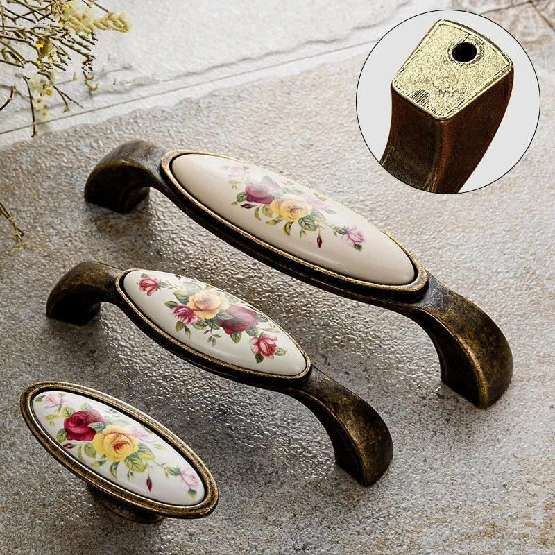 Poignée de Meuble Vintage Céramique Fleurie et Bronze, Entraxe 96 ou 128 mm, vue 6