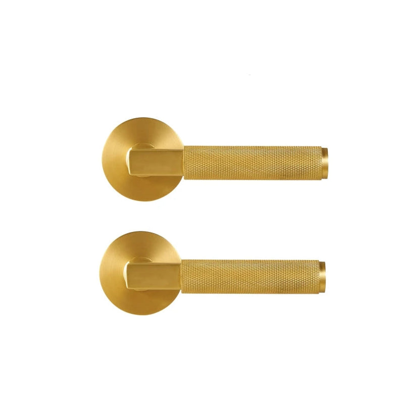 Poignée de Porte Dorée en Laiton, Béquille Coudée Moletée sur Rosace, Passage