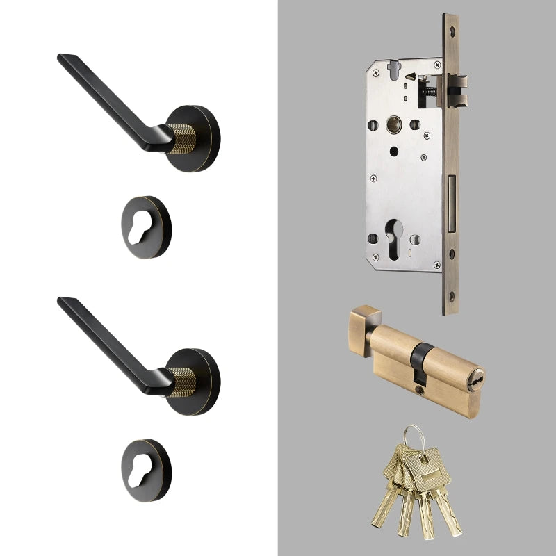Poignée de porte noire design en laiton massif – Finition mate et détails dorés – avec serrure