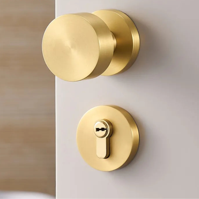Poignée de porte dorée avec serrure complète – laiton massif, design rond moderne