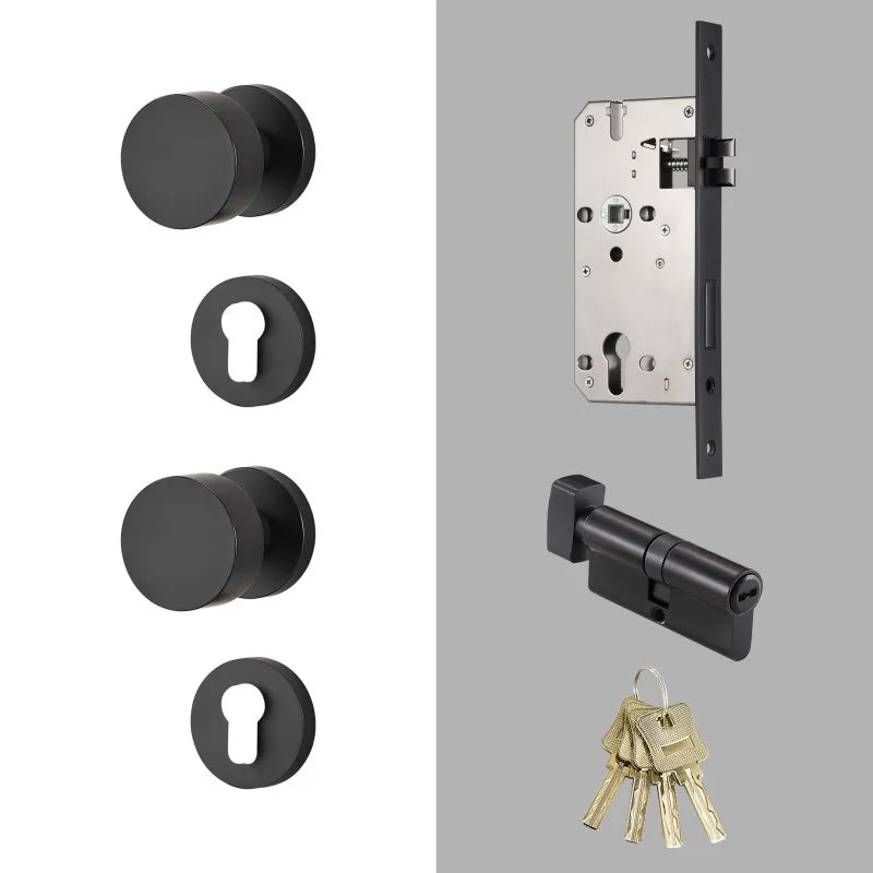 Poignée de porte noire avec serrure complète – laiton massif, design rond moderne
