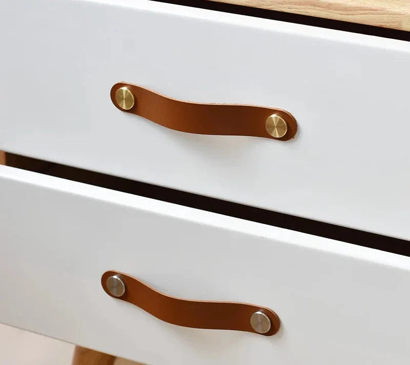Poignée de Meuble en Cuir Caramel, Disque Doré ou Argenté