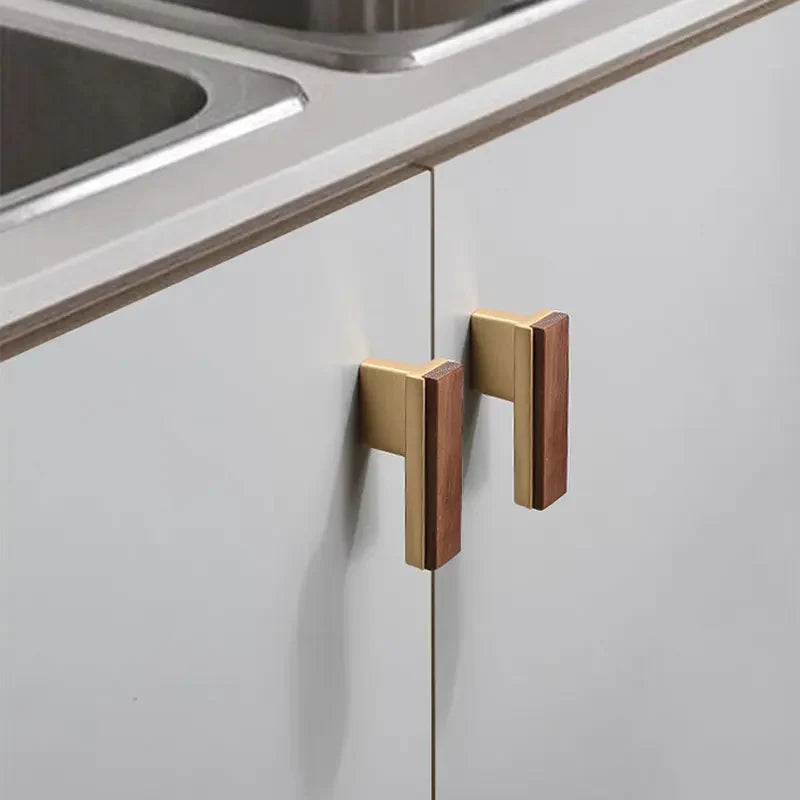 Poignée de Meuble Plate en Noyer et Laiton Or Brossé, Barre ou Bouton, vue 3