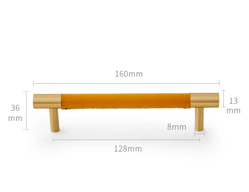 Poignée de Meuble en Cuir Orange et Laiton Or Brossé