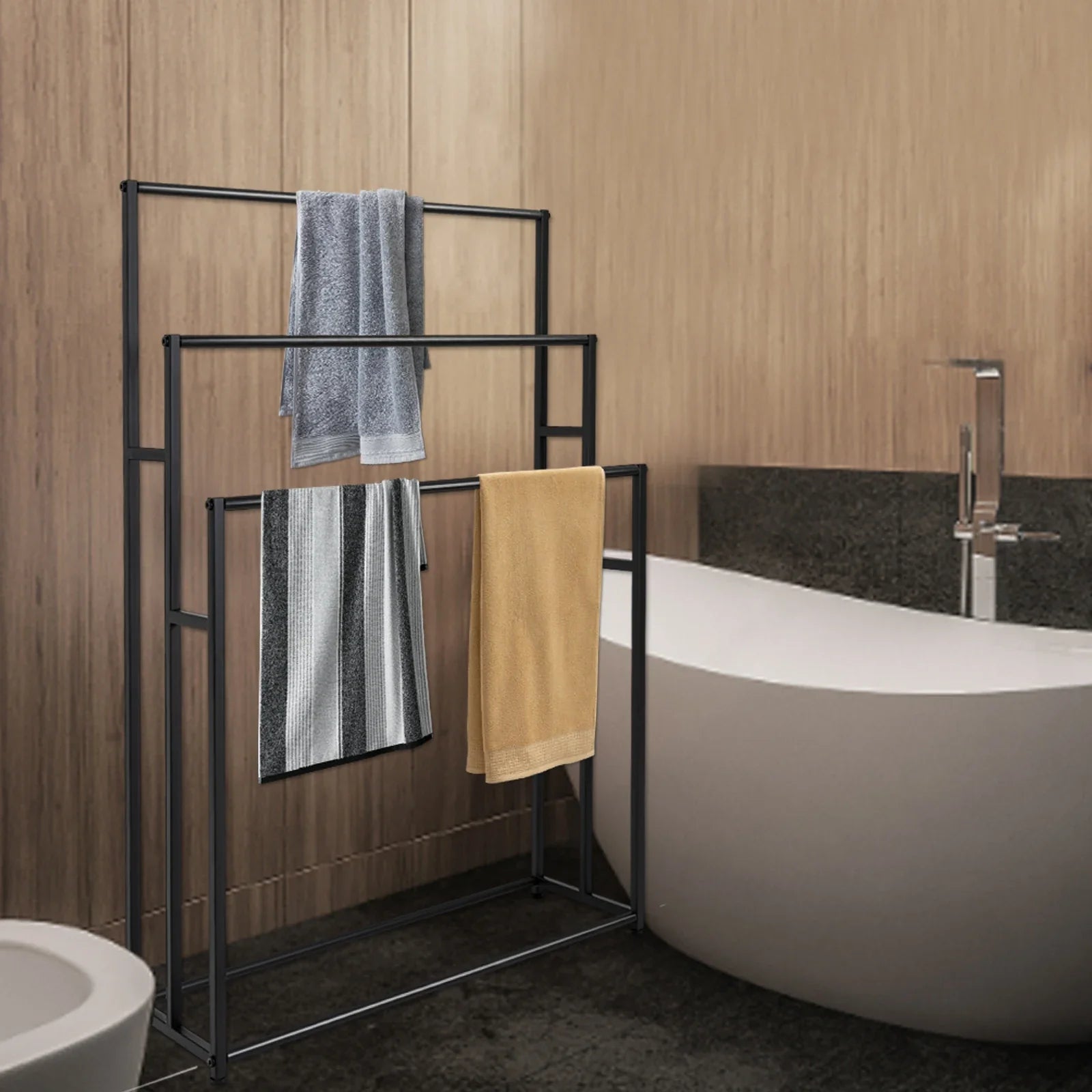 Porte-Serviettes Mural à Étages en Aluminium Noir pour Salle de Bain