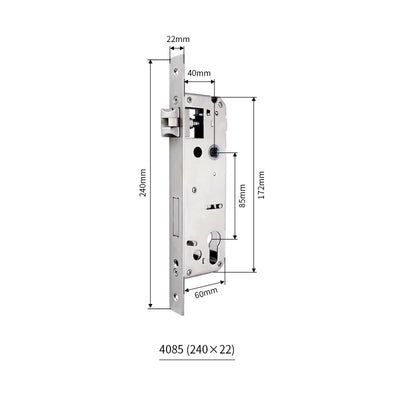 Serrure Encastrable Axe 40 mm, Entraxe 85 mm, Façade 240 x 22 mm