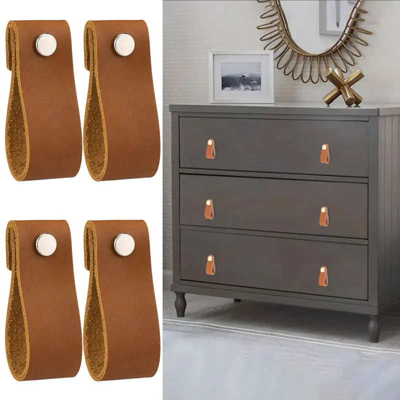 Poignée de Meuble en Cuir Marron, Bouton Inox, Lot de 6, vue 5