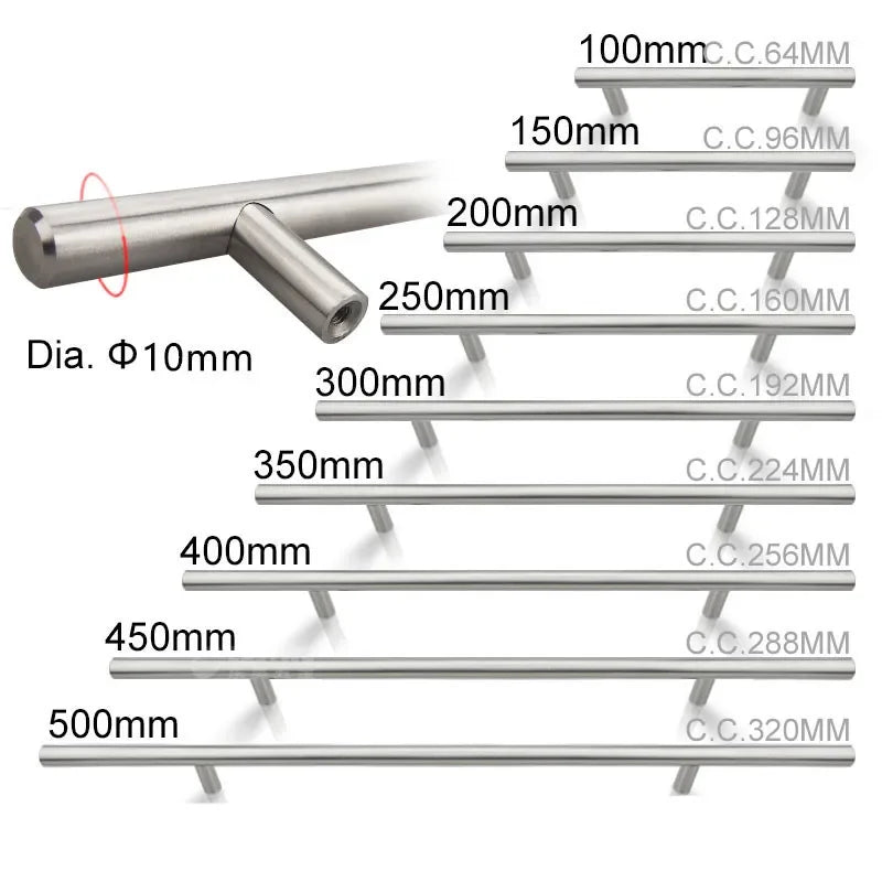 Poignée de Meuble Barre en T en Inox Argent, Entraxe 64 à 320 mm