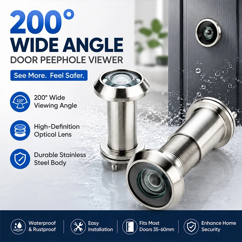 Judas de Porte Inox Brossé Grand Angle 200°, Perçage 16 ou 22 mm