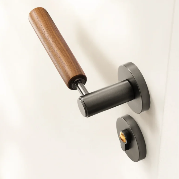 Poignée de porte en bois – Bois foncé et métal gris à verrouillage magnétique