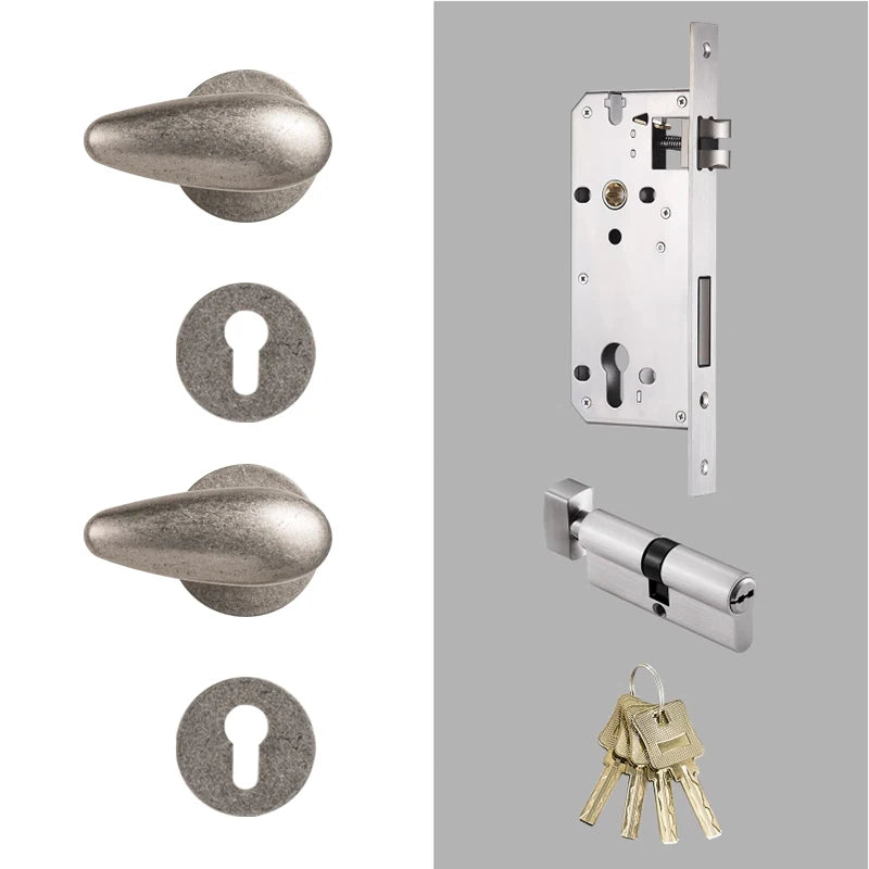 Poignée de porte en laiton vieilli argent avec serrure encastrable – Design vintage pour intérieur élégant