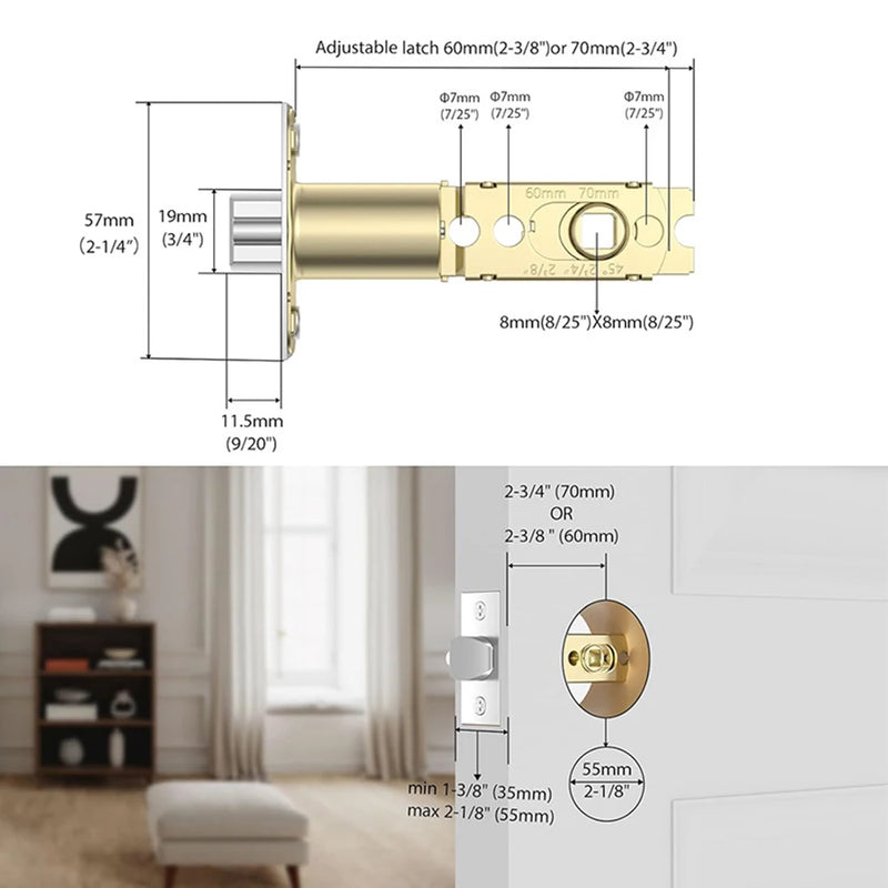 Pêne Demi-Tour Tubulaire Réglable 60 ou 70 mm pour Porte Intérieure, vue 4