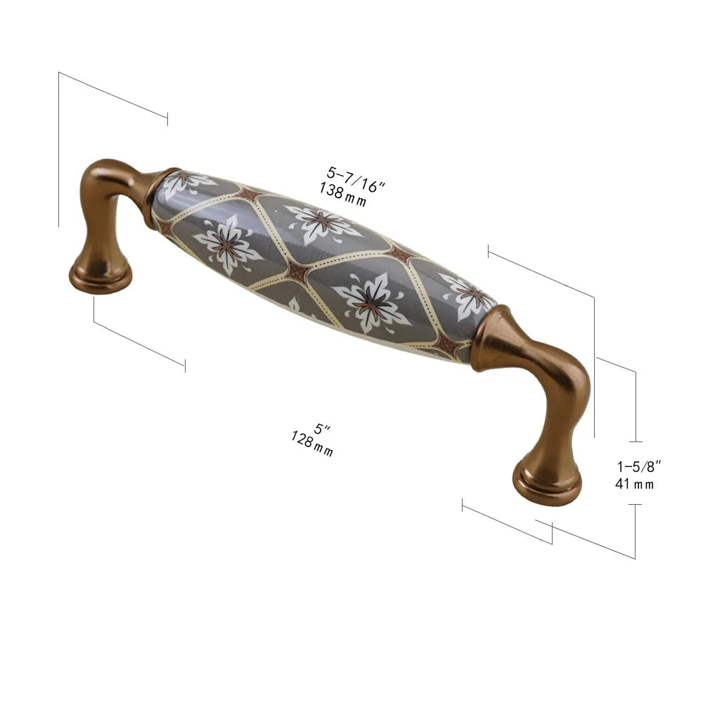 Poignée de Meuble Porcelaine Grise et Bronze, Entraxe 96 ou 128 mm