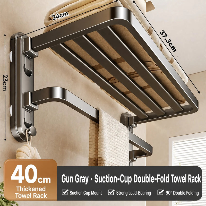 Porte-Serviettes Mural Pliable à Ventouses, Étagère et Barre, Aluminium Gris, 40 à 60 cm, vue 9