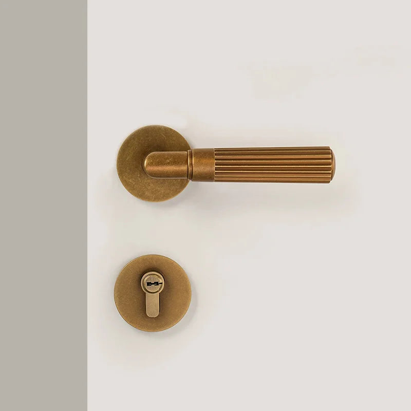 Poignée de porte rainurée en laiton bronze doré avec serrure encastrable – Kit rétro complet pour porte intérieure