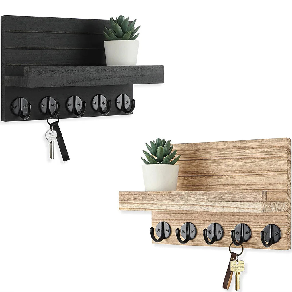 Porte-Clés Mural avec Étagère en Bois, 5 Crochets, Noir ou Bois Clair