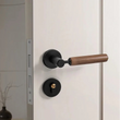 Poignée de Porte Bois Foncé et Noir Mat, Serrure Magnétique Silencieuse, Réversible