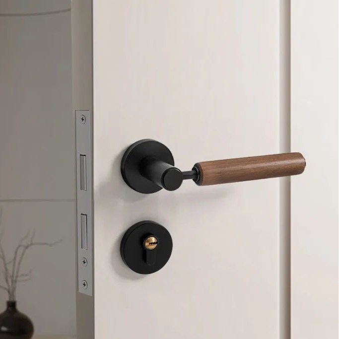 Poignée de porte en bois – Noire mate avec serrure magnétique silencieuse