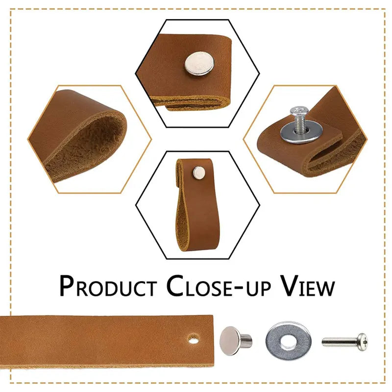 Poignée de Meuble en Cuir Marron, Bouton Inox, Lot de 6, vue 2
