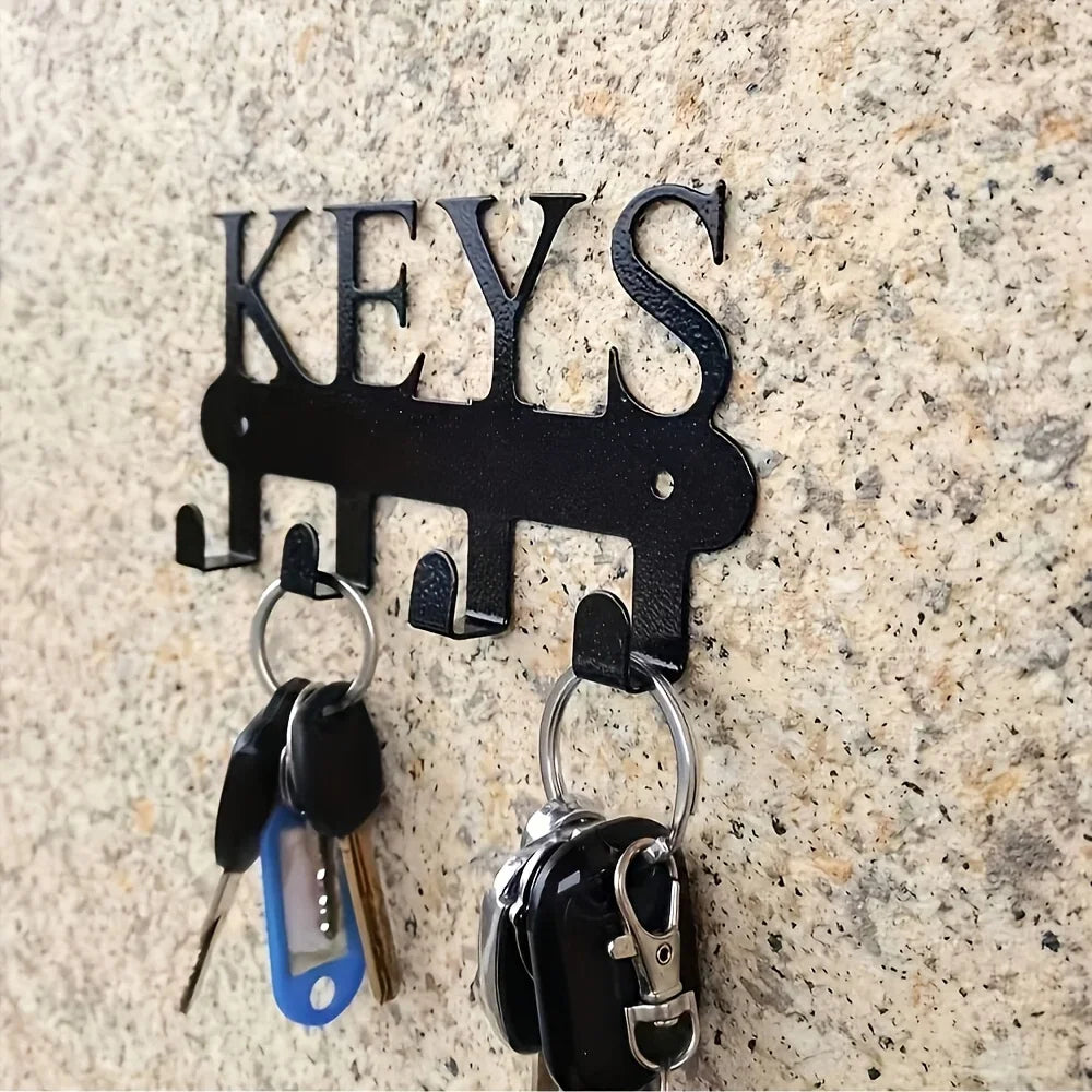 Porte-Clés Mural en Métal Noir, Inscription KEYS, 4 Crochets, 15,5 cm