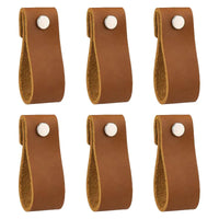 Poignée de Meuble en Cuir Marron, Bouton Inox, Lot de 6