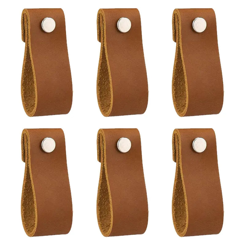 Poignée de Meuble en Cuir Marron, Bouton Inox, Lot de 6