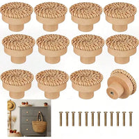 Bouton de Meuble Bohème en Rotin Tressé et Bois, Lot de 1 à 12