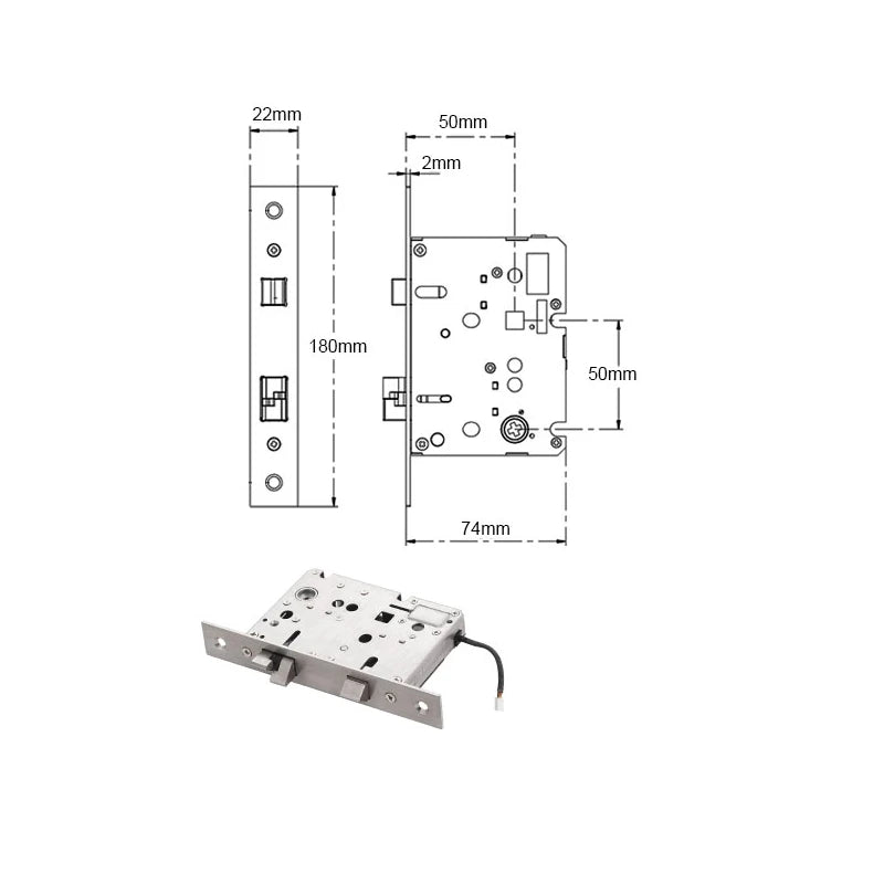 Serrure encastrable électrique filaire – axe 50 mm, entraxe 50 mm, format 180x22 mm