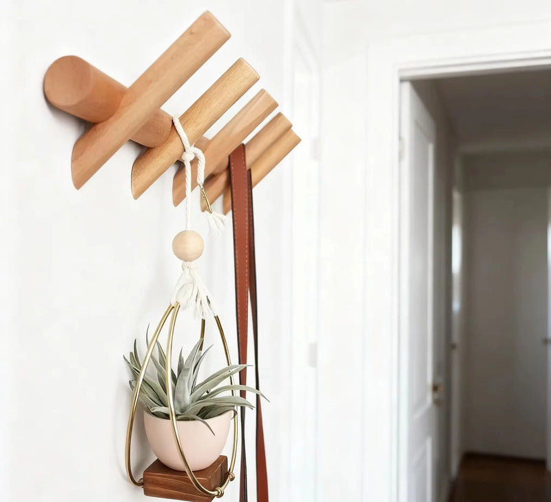 Porte-Manteau Mural en Bois Massif, 5 Patères Inclinées, Barre de 50 cm