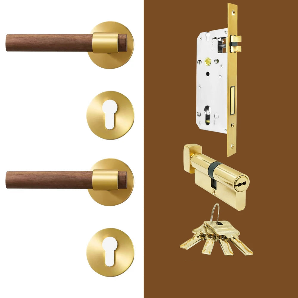 Poignée de porte en bois et laiton avec serrure complète et clés – Modèle intérieur design