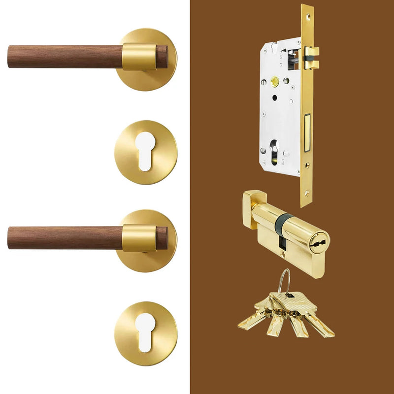 Poignée de Porte en Bois et Laiton Massif avec Serrure et Clés