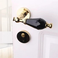Poignée de Porte Noire Effet Cristal, Base Dorée Art Déco, Kit avec Serrure