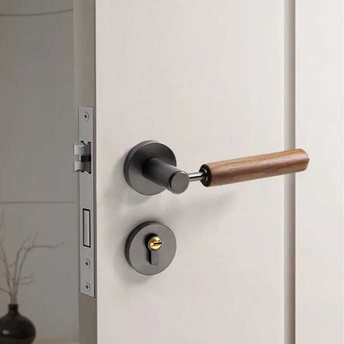 Poignée de Porte en Noyer et Métal Gris avec Serrure à Clé
