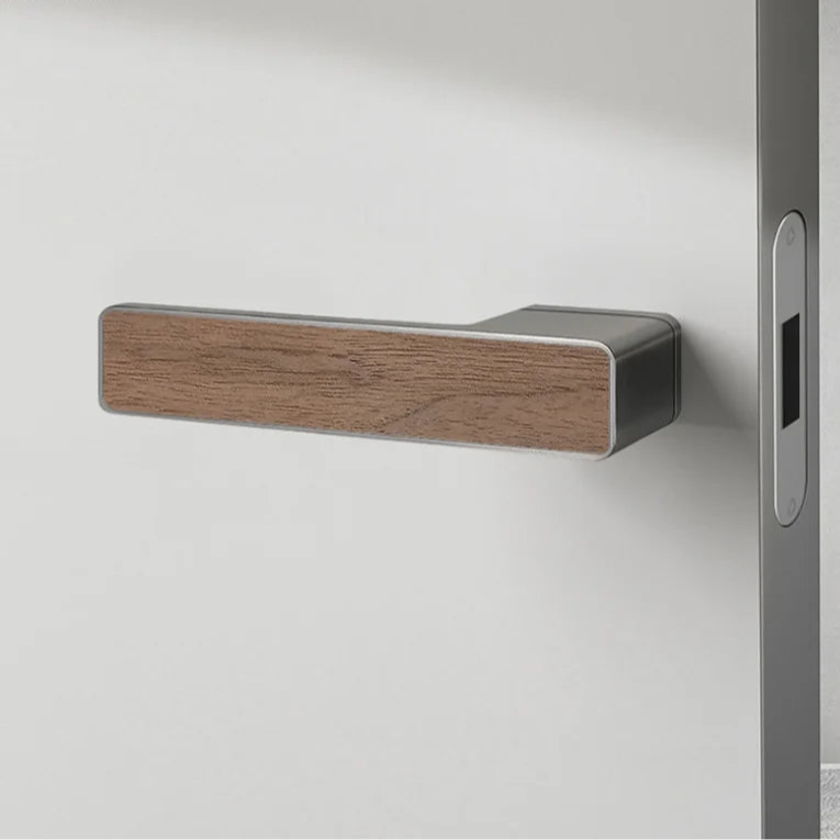 Poignée de Porte Rectangulaire Gris Mat à Insert Bois, sans Serrure